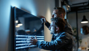 A photograph of a lighting contractor installing or showcasing a sleek