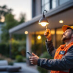 A photograph of a lighting contractor skillfully installing a stylish seagull light fixture in a modern outdoor setting