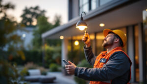 A photograph of a lighting contractor skillfully installing a stylish seagull light fixture in a modern outdoor setting