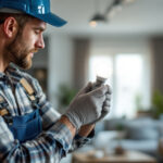 A photograph of a skilled lighting contractor installing a dc-powered led screw-in bulb in a modern home setting