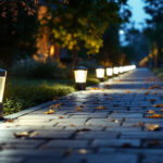 A photograph of a well-lit walkway featuring energy-efficient walkway lights installed along the path