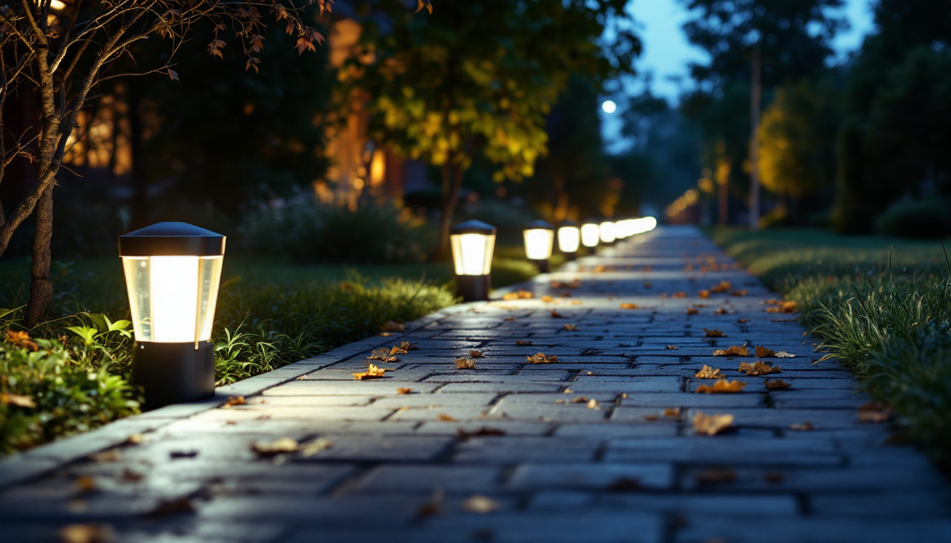 A photograph of a well-lit walkway featuring energy-efficient walkway lights installed along the path