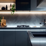 A photograph of a beautifully designed kitchen or workspace featuring sleek led under counter lights illuminating the countertops