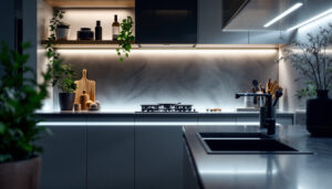 A photograph of a beautifully designed kitchen or workspace featuring sleek led under counter lights illuminating the countertops