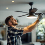 A photograph of a skilled lighting contractor installing a stylish ceiling fan with an integrated light kit in a modern living space