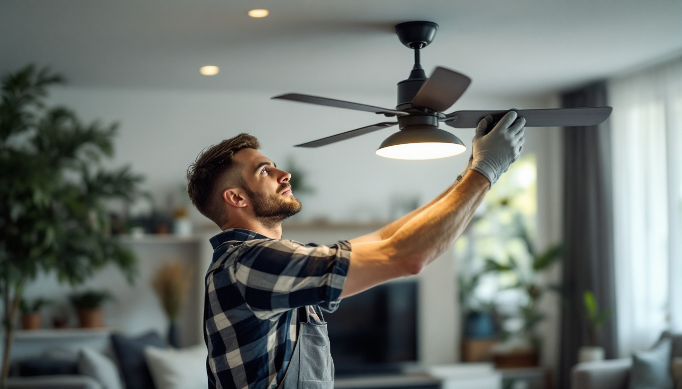 A photograph of a skilled lighting contractor installing a stylish ceiling fan with an integrated light kit in a modern living space