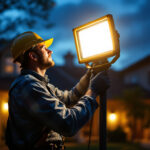 A photograph of a professional lighting contractor installing or adjusting an outdoor floodlight in a residential or commercial setting