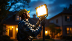 A photograph of a professional lighting contractor installing or adjusting an outdoor floodlight in a residential or commercial setting