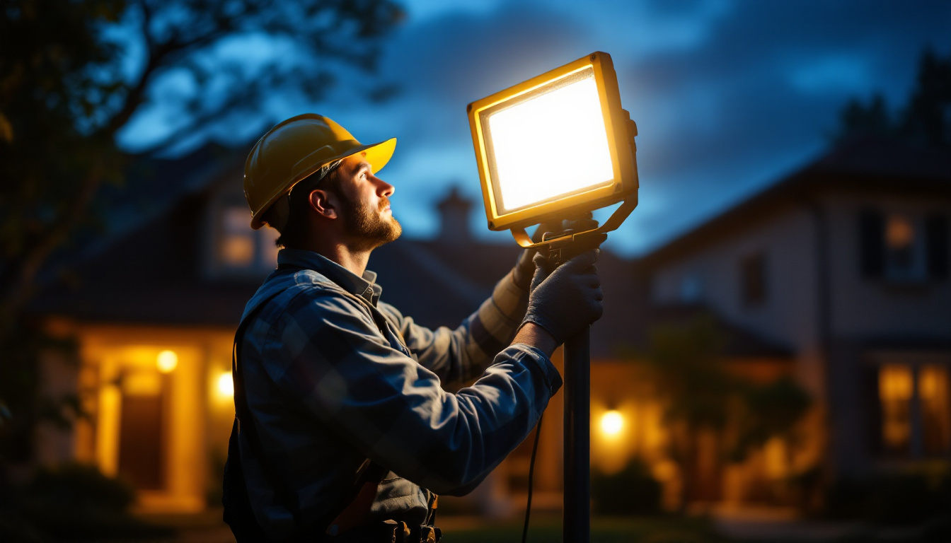 A photograph of a professional lighting contractor installing or adjusting an outdoor floodlight in a residential or commercial setting