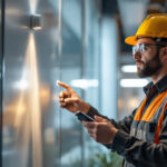A photograph of a lighting contractor installing a vacancy sensor in a well-lit commercial space