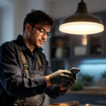 A photograph of capture a photograph of a modern lighting contractor in action