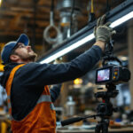A photograph of a lighting contractor installing uvc lights in a commercial space