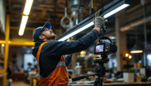 A photograph of a lighting contractor installing uvc lights in a commercial space