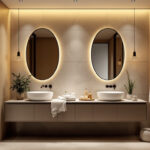 A photograph of a beautifully designed bathroom featuring stylish and functional lighting fixtures