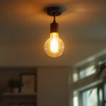 A photograph of a well-lit room featuring a stylish ceiling light fixture