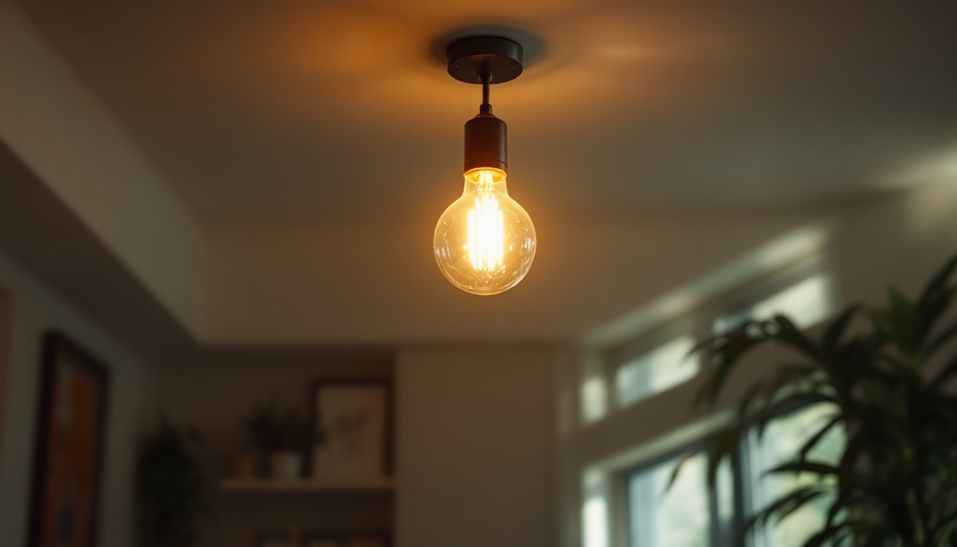 A photograph of a well-lit room featuring a stylish ceiling light fixture