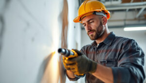 A photograph of a skilled lighting contractor using a high-quality electric tool in a well-lit work environment