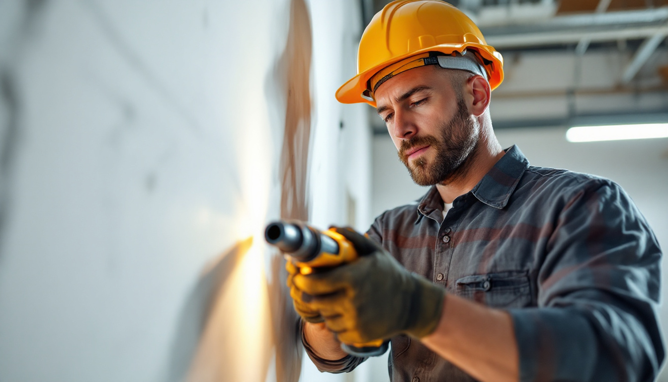 A photograph of a skilled lighting contractor using a high-quality electric tool in a well-lit work environment