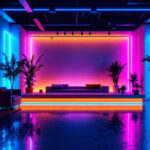 A photograph of a stylish interior space illuminated by vibrant rgb lighting
