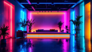 A photograph of a stylish interior space illuminated by vibrant rgb lighting