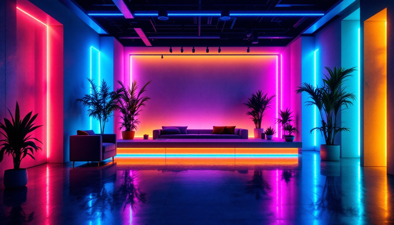 A photograph of a stylish interior space illuminated by vibrant rgb lighting