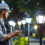 A photograph of a lighting contractor evaluating various energy-efficient post lights in a well-lit outdoor setting