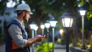 A photograph of a lighting contractor evaluating various energy-efficient post lights in a well-lit outdoor setting