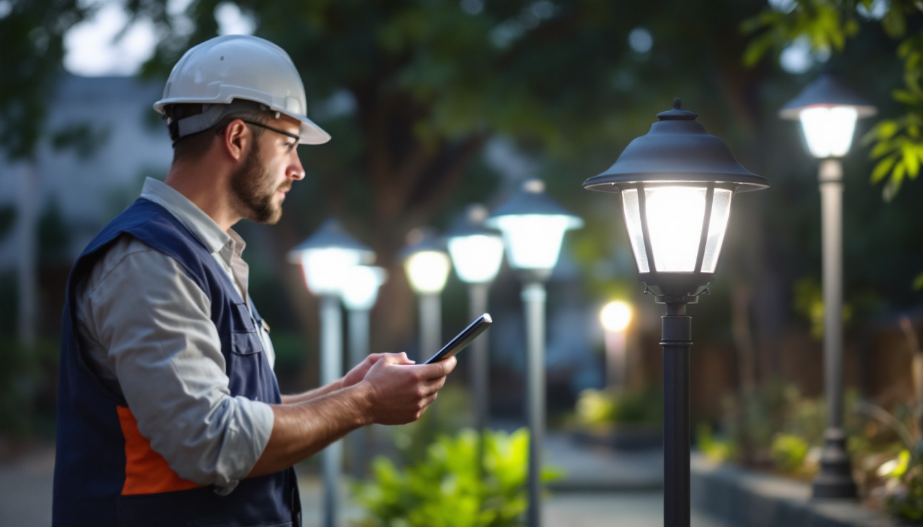 A photograph of a lighting contractor evaluating various energy-efficient post lights in a well-lit outdoor setting