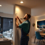 A photograph of a skilled lighting contractor installing led pot lights in a modern residential space