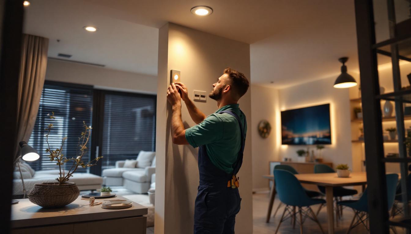 A photograph of a skilled lighting contractor installing led pot lights in a modern residential space