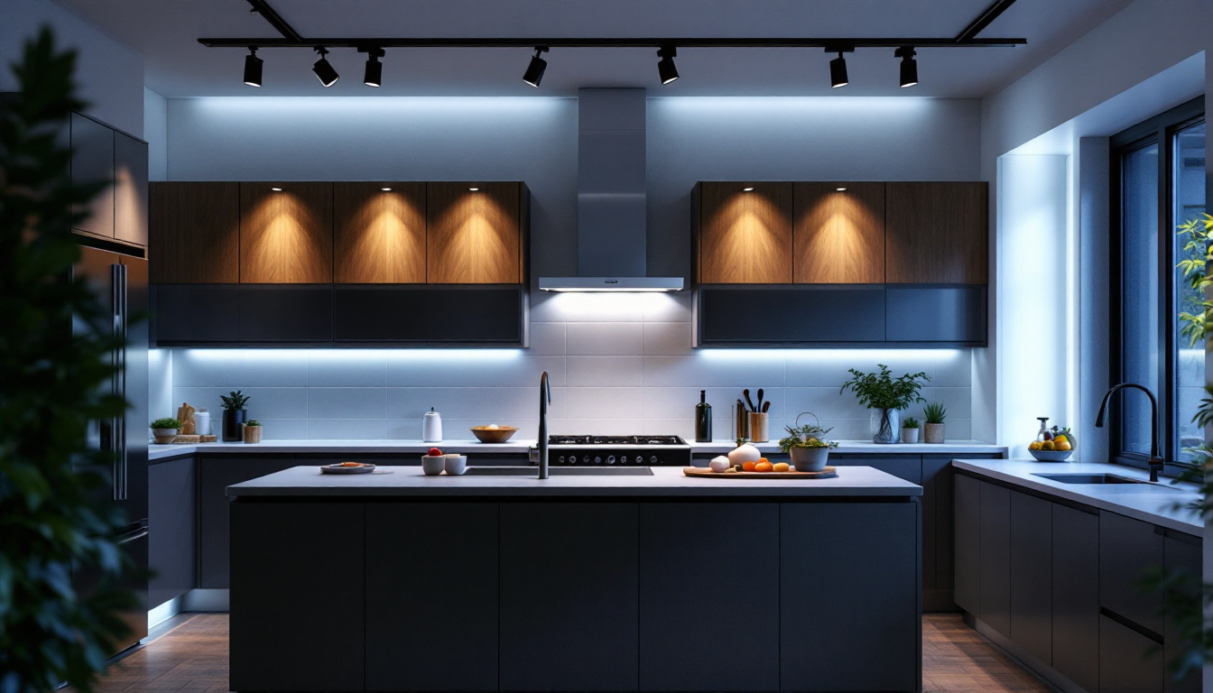 A photograph of a modern kitchen featuring stylish track lighting
