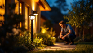 A photograph of a well-lit outdoor setting at dusk
