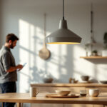 A photograph of a stylish pendant lamp hanging in a modern interior setting