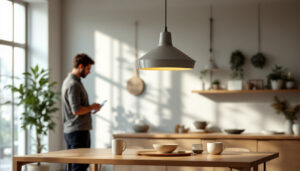 A photograph of a stylish pendant lamp hanging in a modern interior setting