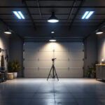 A photograph of a well-lit garage showcasing various types of stylish and functional garage lighting fixtures