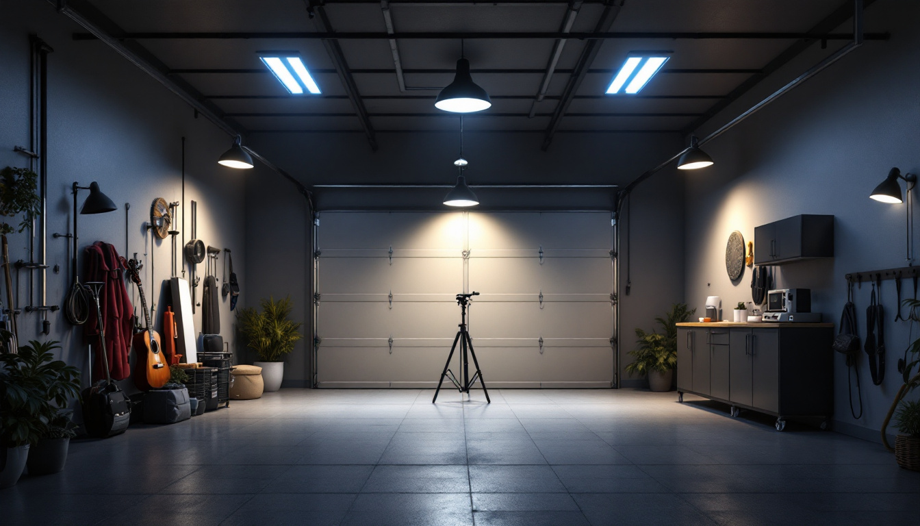 A photograph of a well-lit garage showcasing various types of stylish and functional garage lighting fixtures