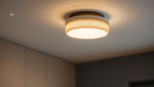 A photograph of a beautifully designed flush mount light fixture installed in a stylish interior setting