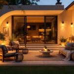 A photograph of a beautifully designed outdoor patio illuminated by stylish and functional lighting fixtures