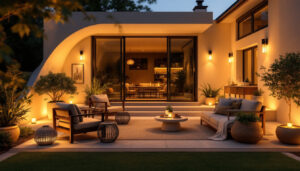 A photograph of a beautifully designed outdoor patio illuminated by stylish and functional lighting fixtures