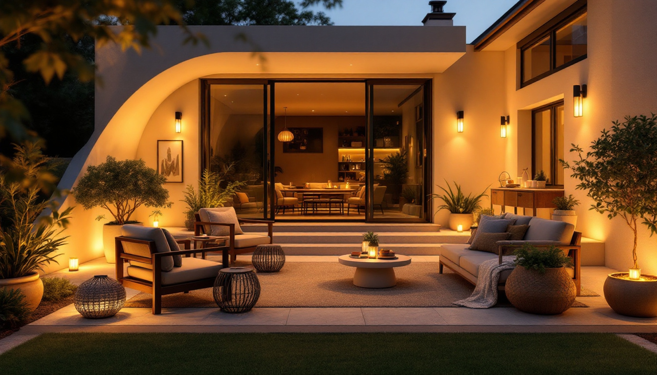 A photograph of a beautifully designed outdoor patio illuminated by stylish and functional lighting fixtures