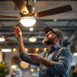 A photograph of a skilled lighting contractor examining various ceiling fan models in a well-lit showroom