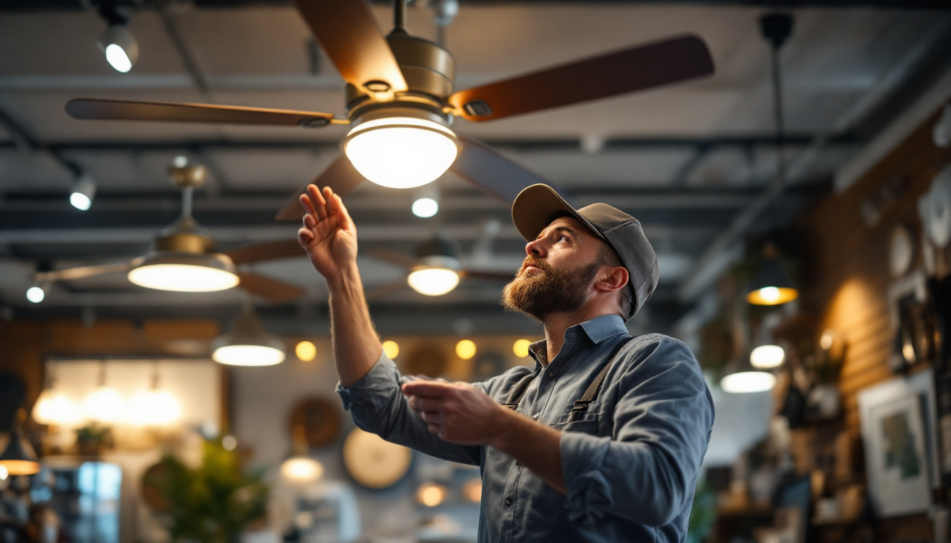 A photograph of a skilled lighting contractor examining various ceiling fan models in a well-lit showroom