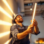 A photograph of capture a photograph of a lighting contractor expertly installing or showcasing a vibrant 10-meter led strip in a modern setting