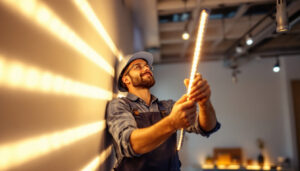 A photograph of capture a photograph of a lighting contractor expertly installing or showcasing a vibrant 10-meter led strip in a modern setting