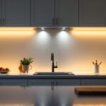 A photograph of a well-designed kitchen featuring stylish under-cabinet lighting that highlights the countertops and creates a warm