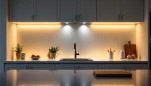 A photograph of a well-designed kitchen featuring stylish under-cabinet lighting that highlights the countertops and creates a warm