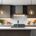 A photograph of a beautifully designed kitchen featuring stylish hanging lights