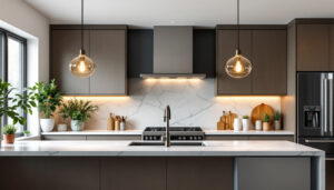A photograph of a beautifully designed kitchen featuring stylish hanging lights