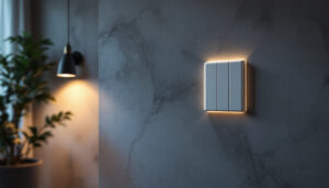 A photograph of a stylishly designed 3-way switch installed in a contemporary home setting