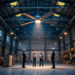 A photograph of a spacious industrial setting featuring a large industrial ceiling fan in action